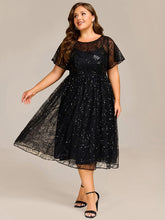 Plus Size A-Line Sequin Appliques Midi Wedding Guest Dress with Short Sleeves